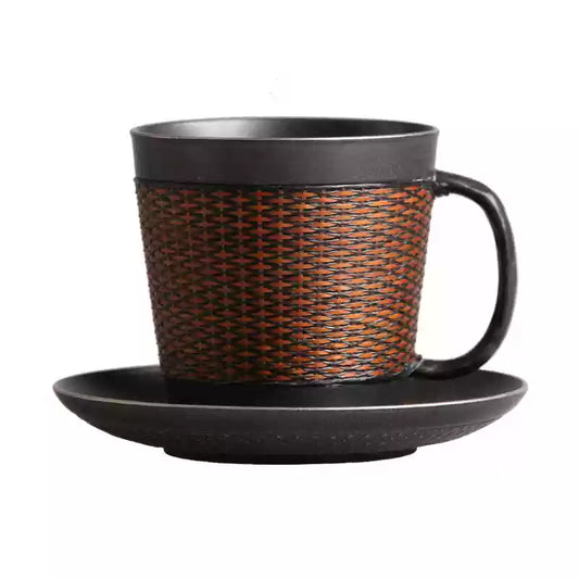 Handcrafted bamboo woven and black pottery coffee cup