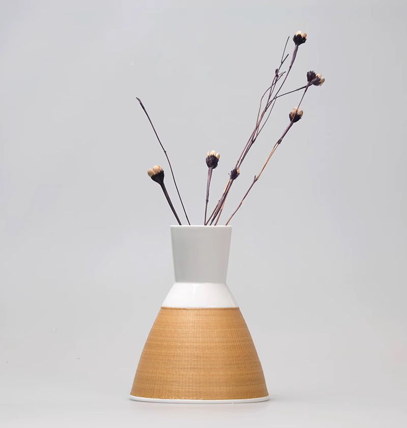 Handcrafted Bamboo-Woven Silk Inlaid Ceramic Vase