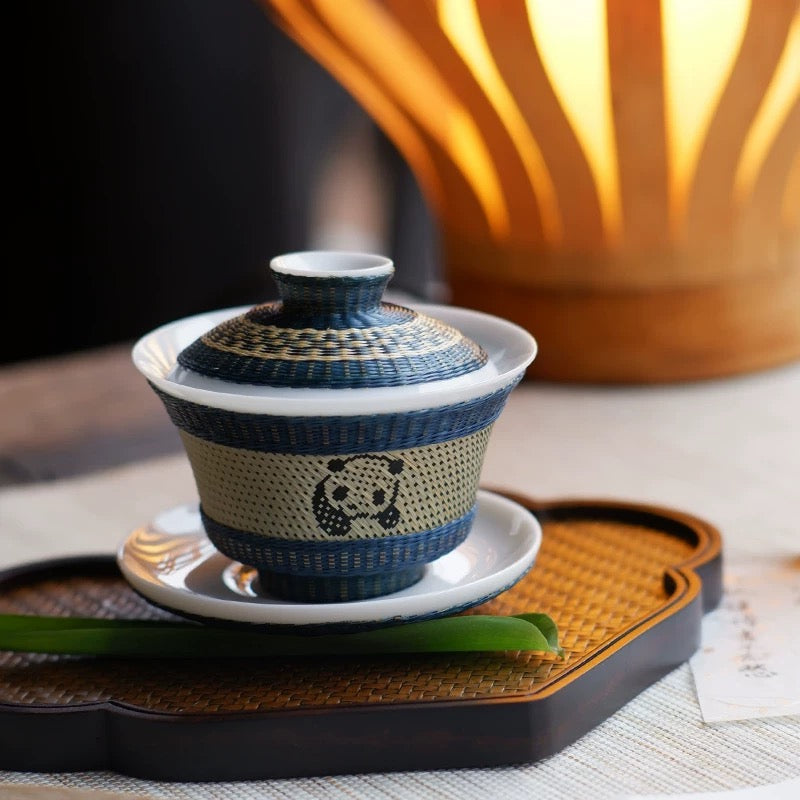 Artisan Bamboo-Woven Panda Jacquard White Porcelain Tea Cup