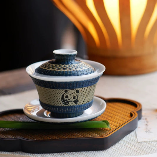 Artisan Bamboo-Woven Panda Jacquard White Porcelain Tea Cup