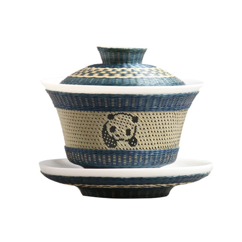 Artisan Bamboo-Woven Panda Jacquard White Porcelain Tea Cup