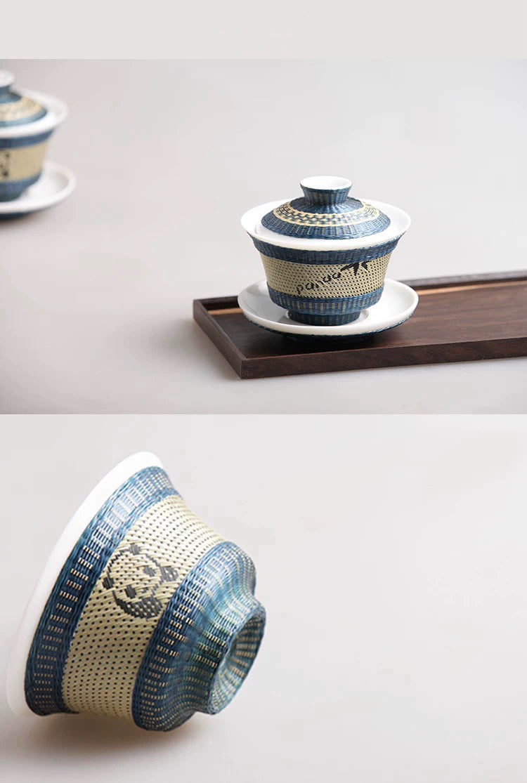 Artisan Bamboo-Woven Panda Jacquard White Porcelain Tea Cup