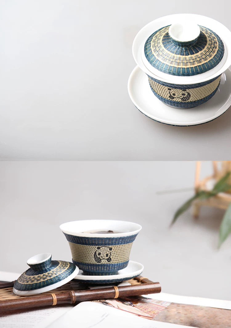 Artisan Bamboo-Woven Panda Jacquard White Porcelain Tea Cup